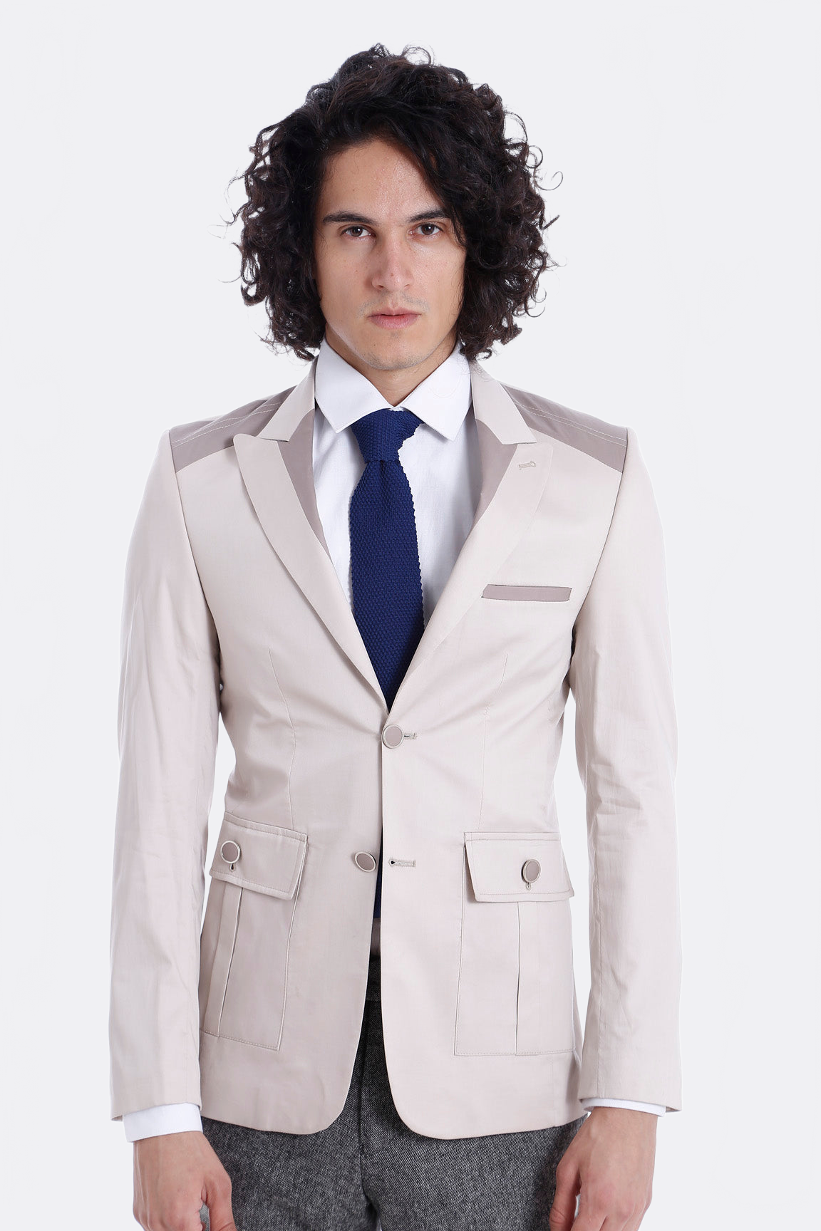 Double Buttons Bag Pocket Shoulder Piece Cream Jacket-Wessi