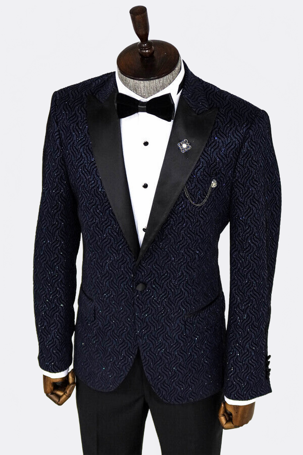 Glitter Shiny Navy Blue Men Prom Blazer - Wessi