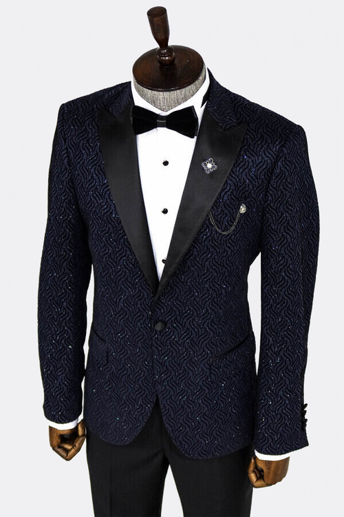 Glitter Shiny Navy Blue Men Prom Blazer - Wessi