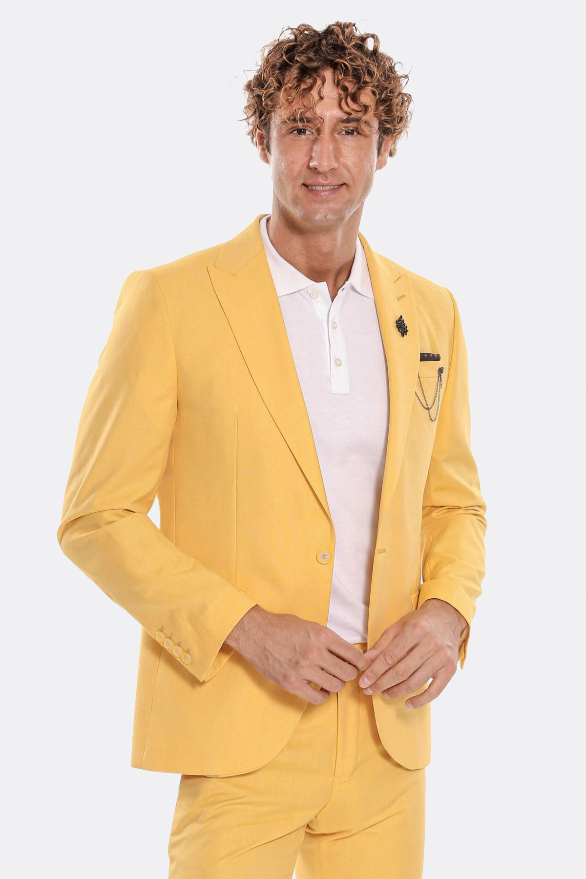 2 Piece Patterned Slim Fit Yellow Men Suit - Wessi