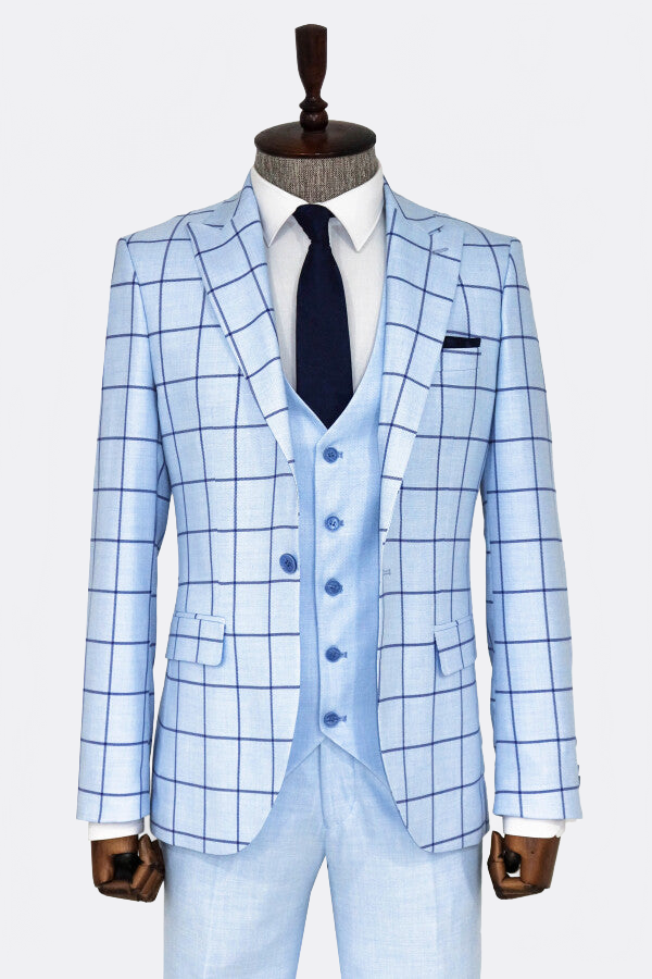 Slim Fit Patterned Light Blue Men Combination Suit - Wessi