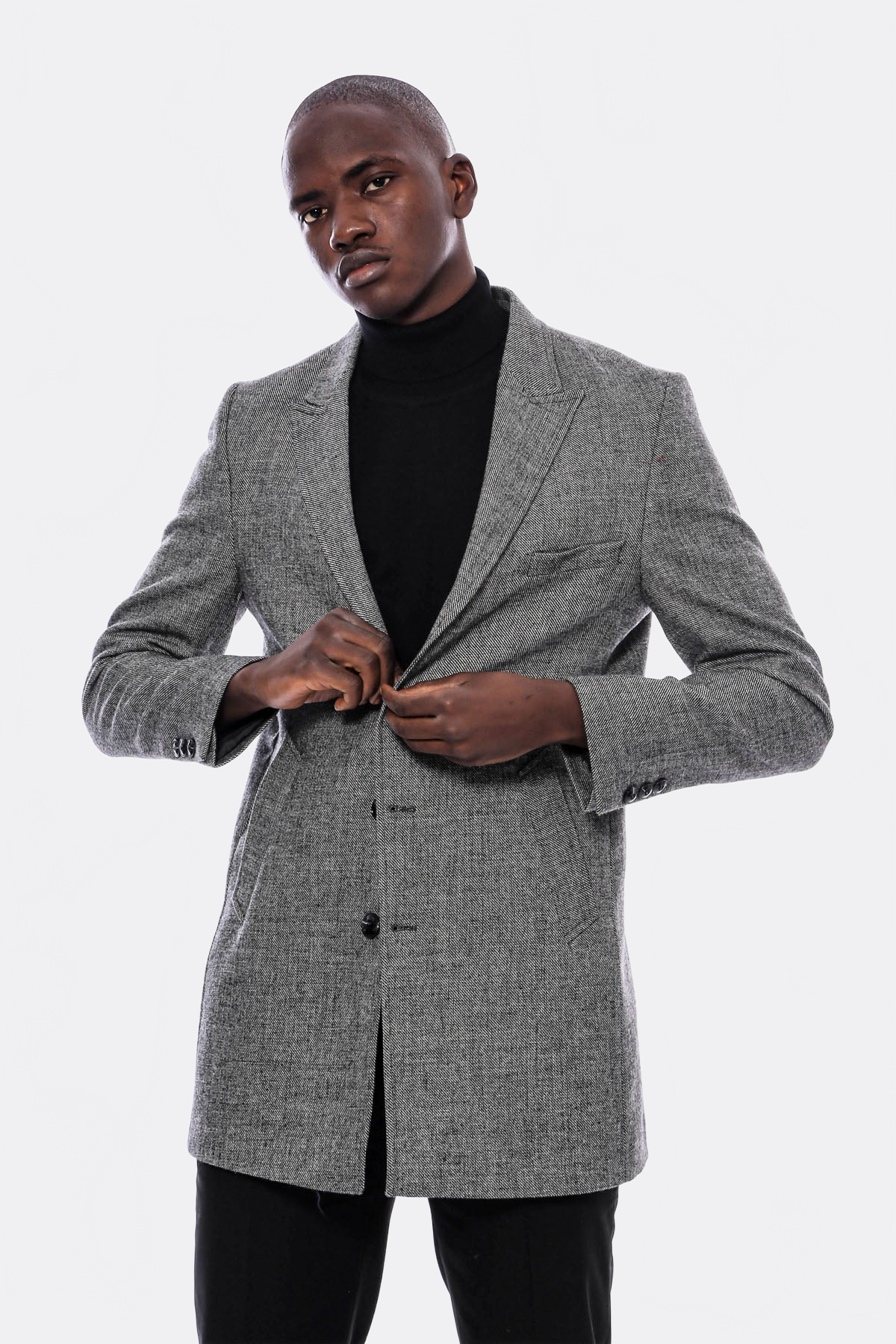 Peak Lapel Grey Men Short Coat - Wessi
