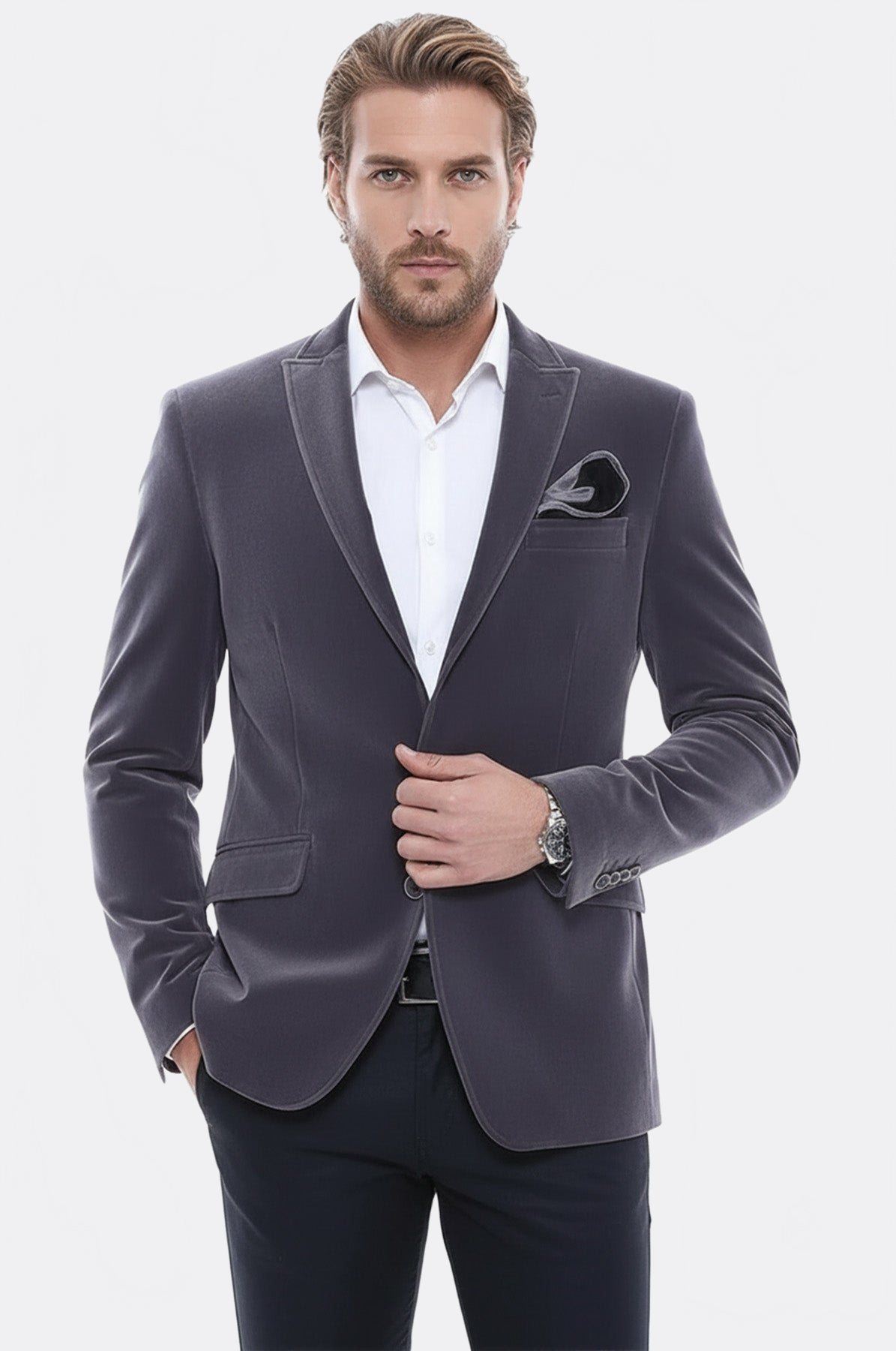 Velvet Slim Fit Grey Men Blazer - Wessi