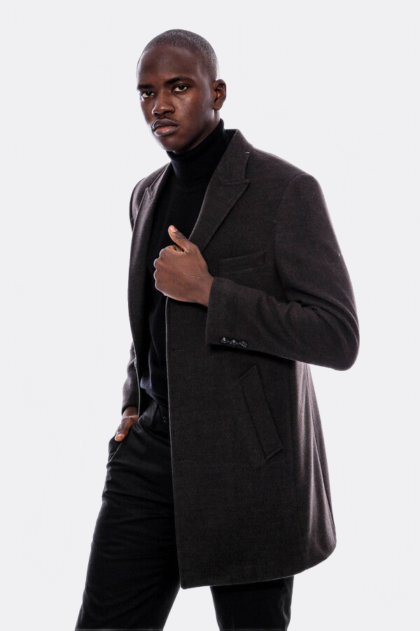 Wide Pointed Collar Smoked Over Knee Men Coat - Wessi