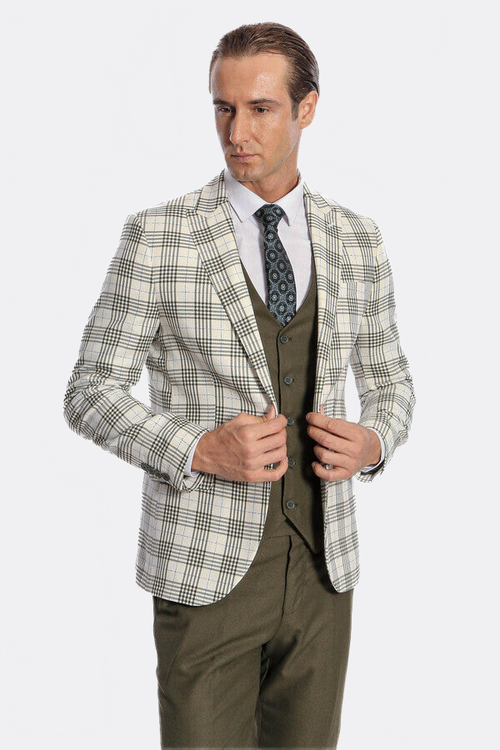 Checked Slim Fit Green Men Suit - Wessi