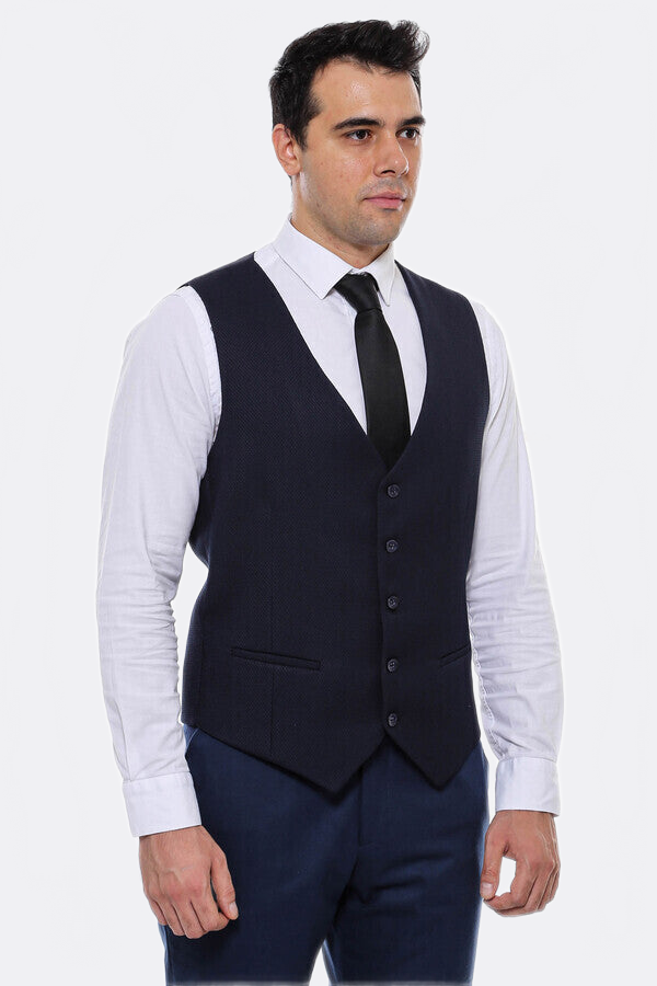 Patterned Navy Blue V Neck Vest - Wessi