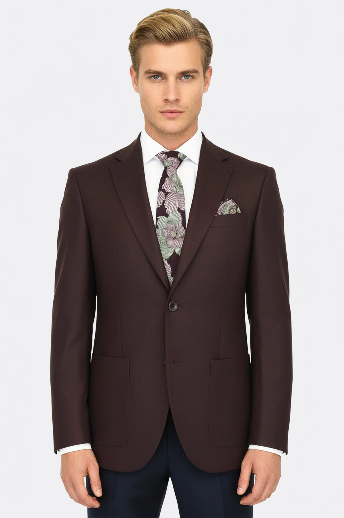 Slim Fit Plain Wide Lapel Burgundy Men Wool Blazer - Wessi