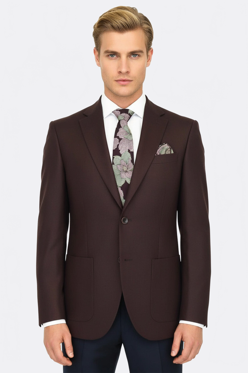 Slim Fit Plain Wide Lapel Burgundy Men Wool Blazer - Wessi