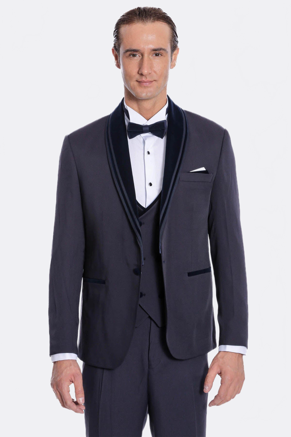 Detachable Velvet Lapel Navy Blue Tuxedo - Wessi