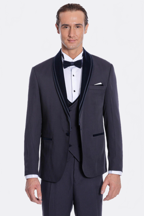 Detachable Velvet Lapel Navy Blue Tuxedo - Wessi