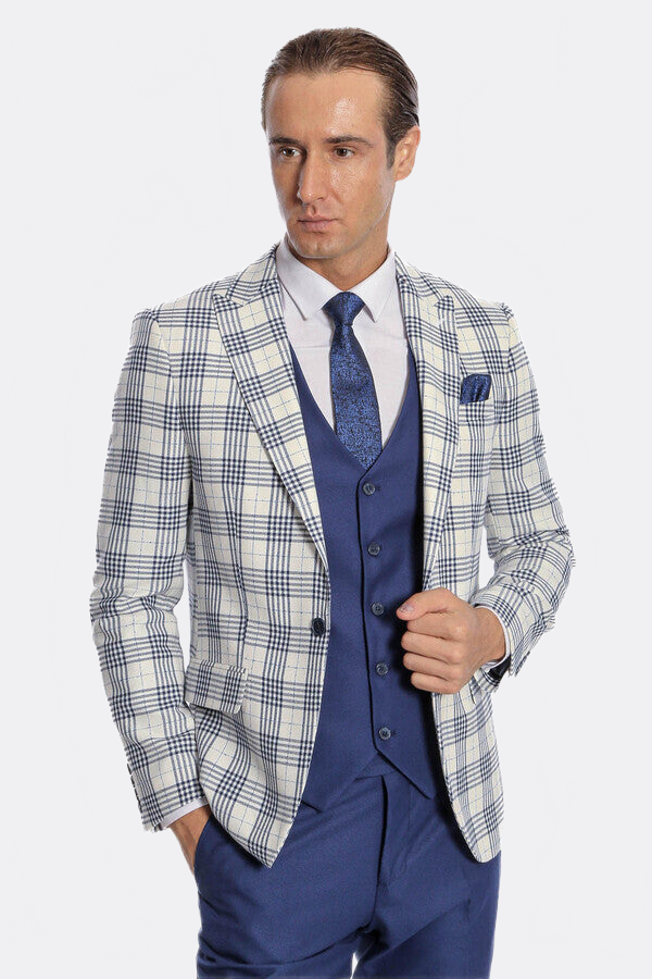 Checked Slim Fit Navy Blue Men Suit - Wessi
