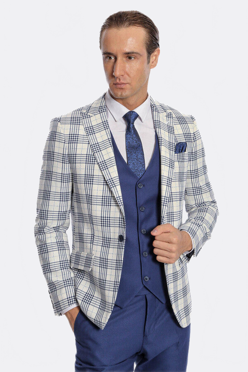 Checked Slim Fit Navy Blue Men Suit - Wessi