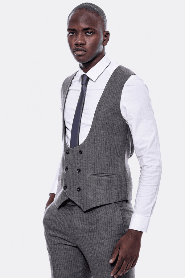 Striped Dark Beige Double Breasted Suit - Wessi