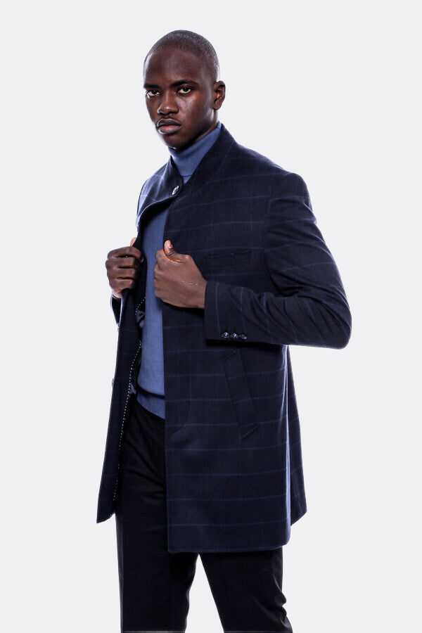 Mandarin Collar Navy Checked Coat - Wessi