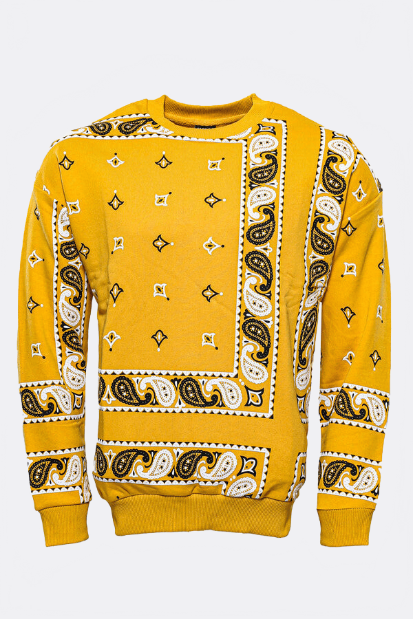 Yellow Patterned Crew Neck Sweater - Wessi