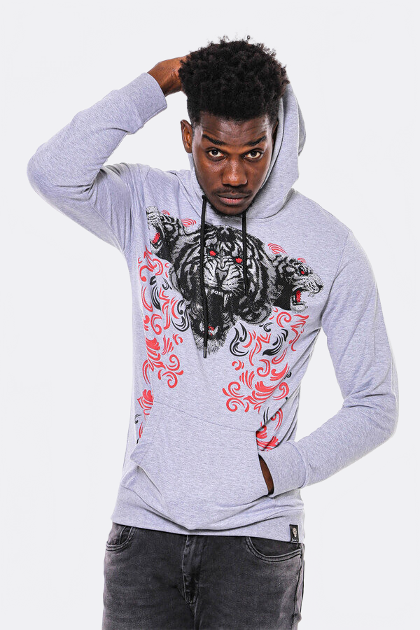 Patterned Hooded Silver Grey Sweatshirt - Wessi