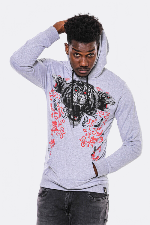 Patterned Hooded Silver Grey Sweatshirt - Wessi