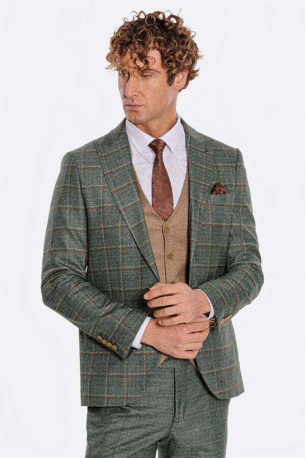 Slim Fit Checked Patterned Green Men Suit - Wessi