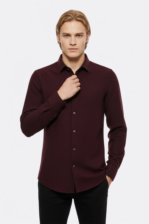 Herringbone Patterned Dark Burgundy Men Lumberjack Shirt - Wessi