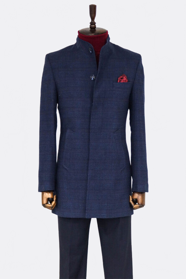 Standing Collar Checked Navy Blue Men Coat - Wessi