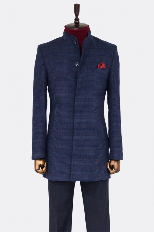 Standing Collar Checked Navy Blue Men Coat - Wessi