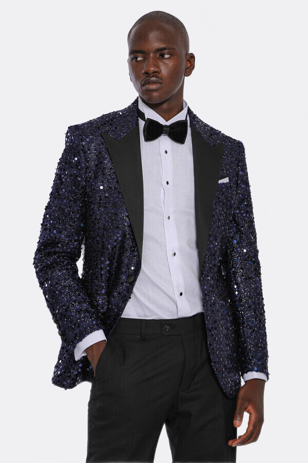 Navy Blue Sequin Patterned Party Blazer | Wessi