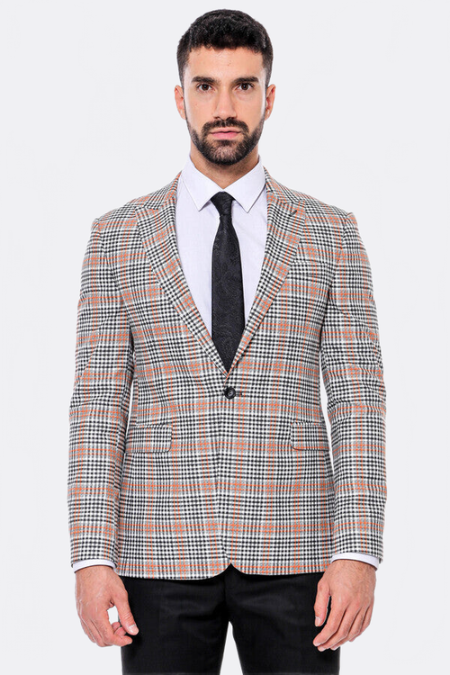 Plaid Slim-Fit Orange Black Men Blazer - Wessi
