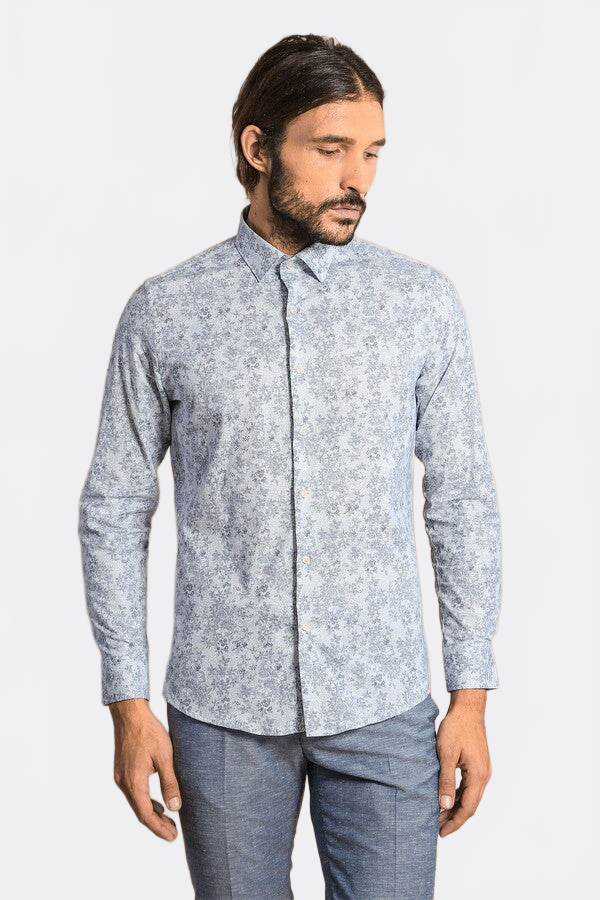 Grey Flower Patterned Slim Fit Shirt | Wessi