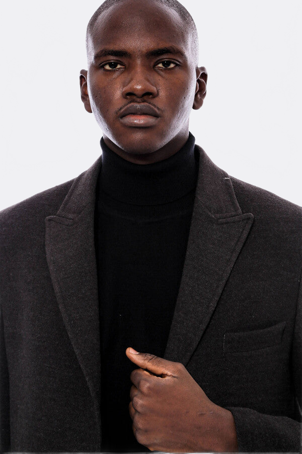 Wide Pointed Collar Smoked Over Knee Men Coat - Wessi