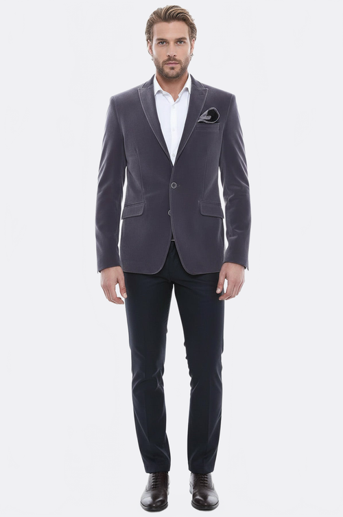 Velvet Slim Fit Grey Men Blazer - Wessi