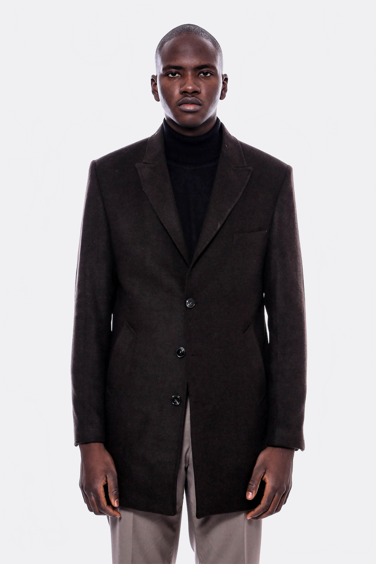 Wide Pointed Collar Over Knee Brown Men Coat - Wessi