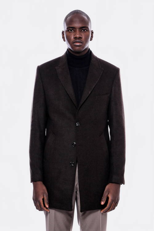 Wide Pointed Collar Over Knee Brown Men Coat - Wessi