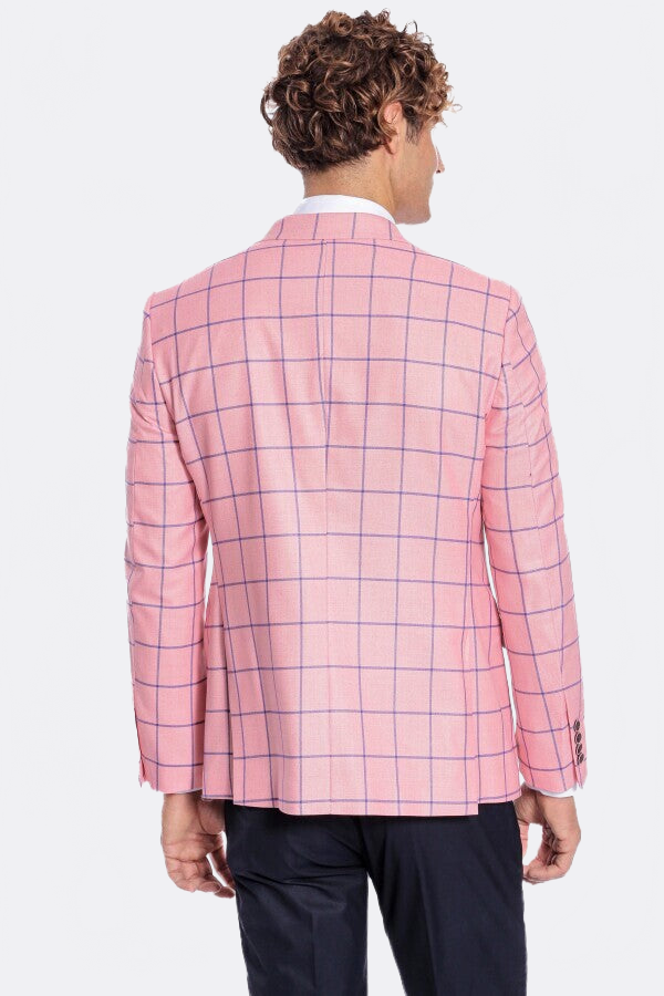 Blue Plaid Patterned Slim Fit Pink Men Blazer - Wessi