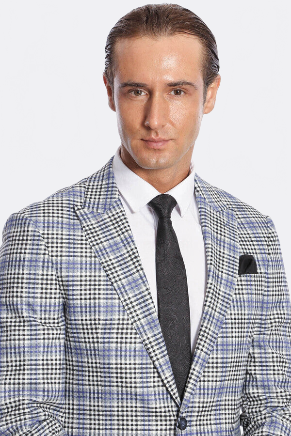 Plaid Slim-Fit Blue Black Men Blazer - Wessi