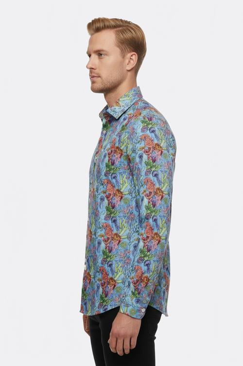 Red Floral Patterned Slim-Fit Long Sleeves Navy Blue Shirt - Wessi