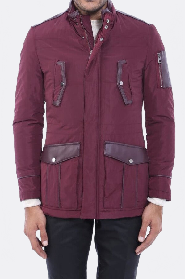 Leather Modeled Burgundy Slim Fit Quilted Jacket - Wessi