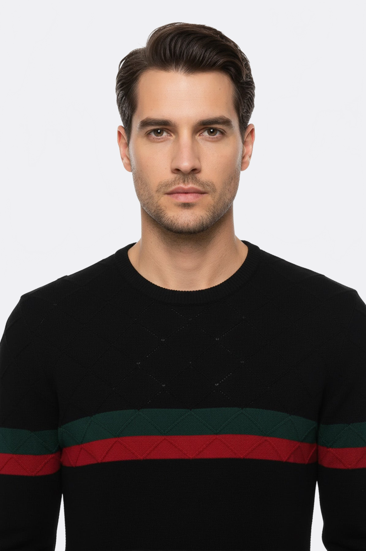 Crew Neck Knitwear Chest Striped Over Black - Wessi