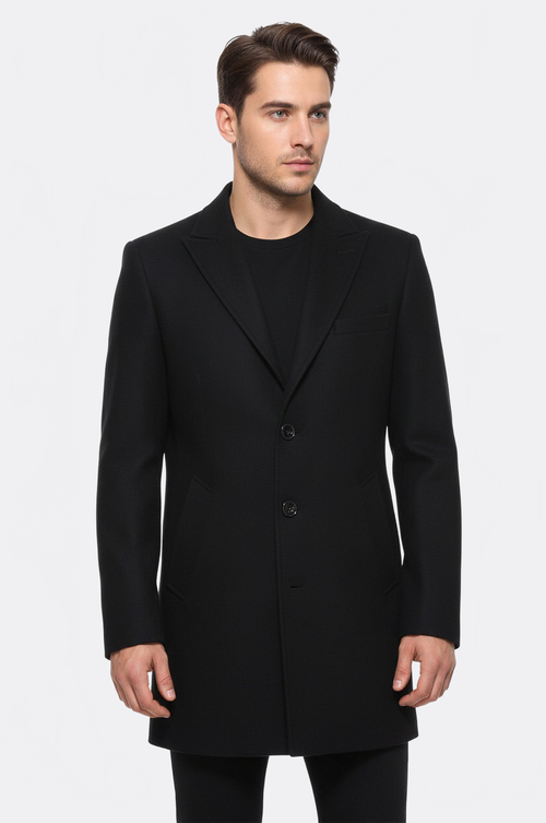 Wide Pointed Collar Over Knee Black Men Coat - Wessi