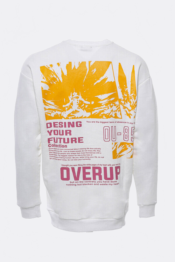 Cream Both Side Printed Circle Neck Men's Sweatshirt - Wessi