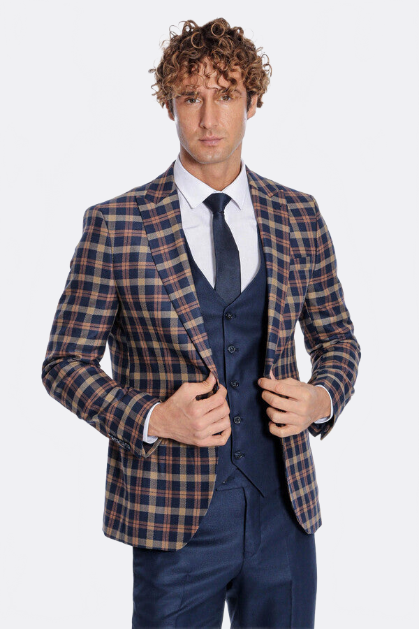 Checked Blazer Slim Fit Navy Blue Men Suit - Wessi