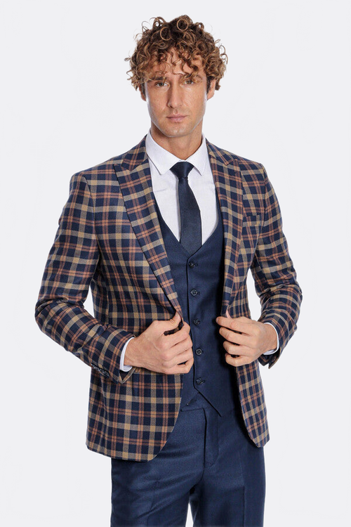 Checked Blazer Slim Fit Navy Blue Men Suit - Wessi