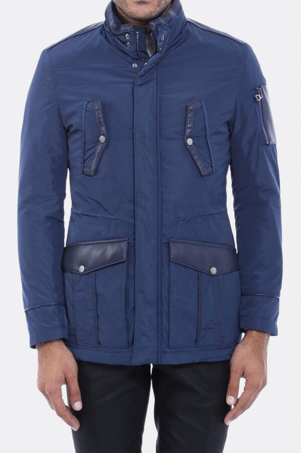 Leather Modeled Blue Slim Fit Quilted Jacket - Wessi