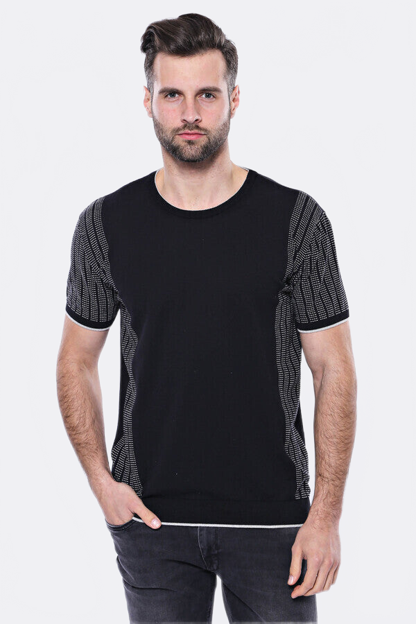 Circle Neck Patterned Black Knitted T-Shirt - Wessi