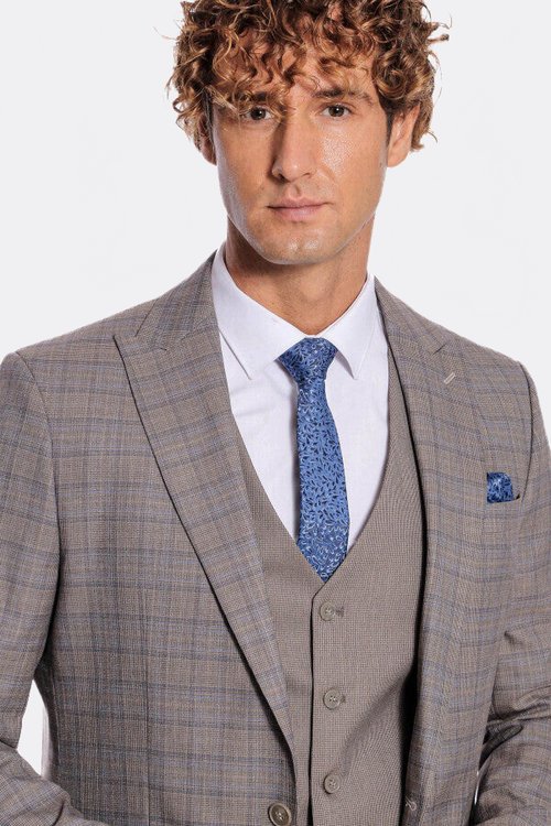Checked Slim Fit Light Brown Men Suit - Wessi