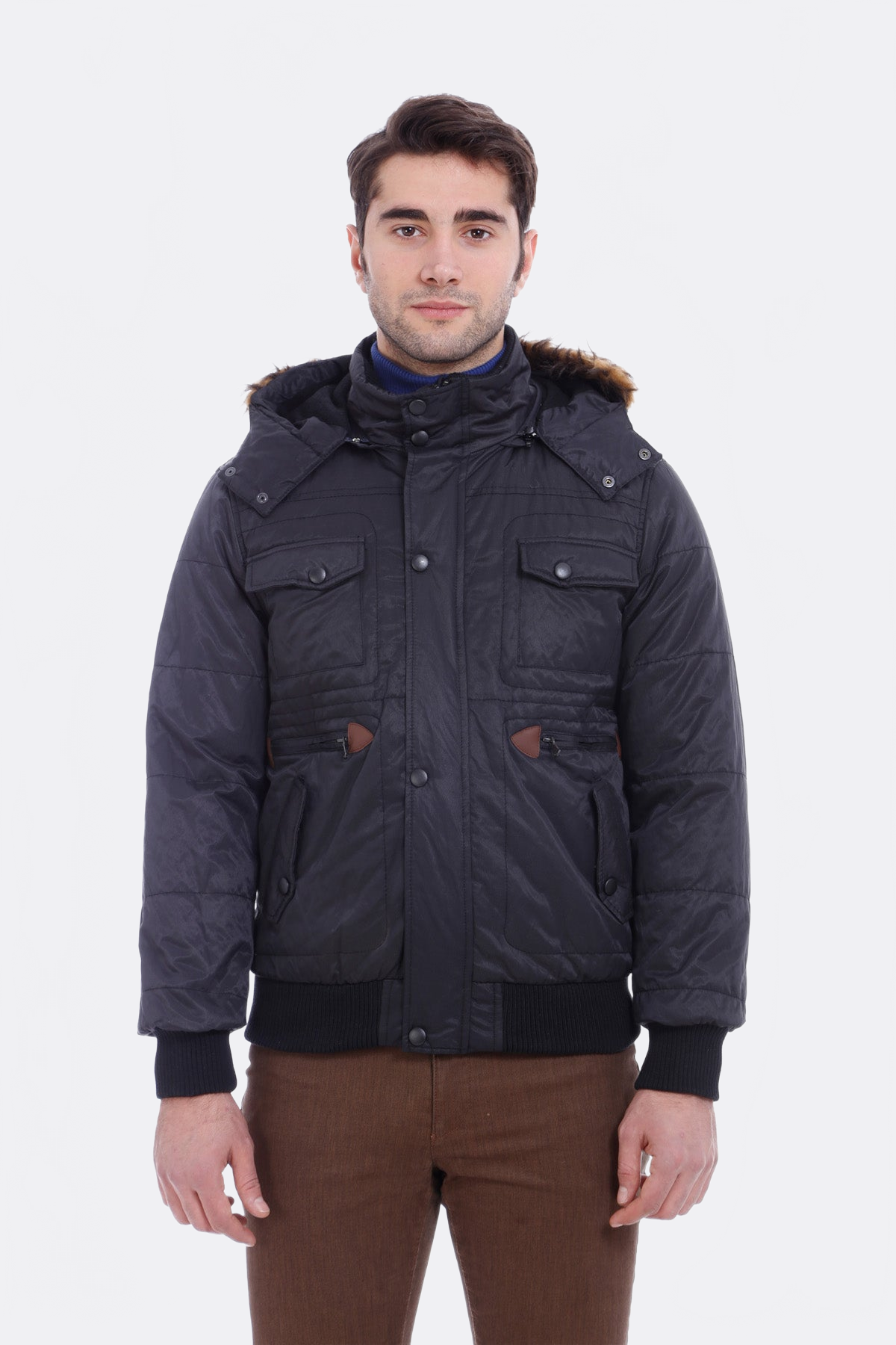 6 Pocket Bondite Zippered Hooded Black Coat-Wessi