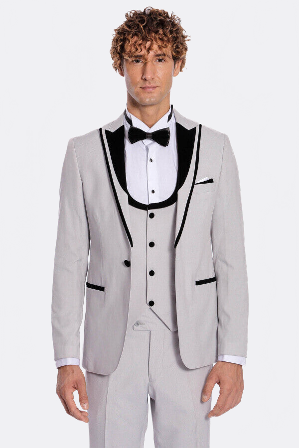 Velvet Lapel Vested Patterned Grey Men Tuxedo - Wessi