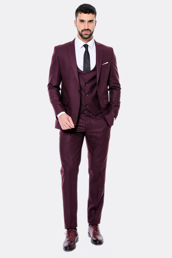 Plain Slim Fit Burgundy Men Suit - Wessi