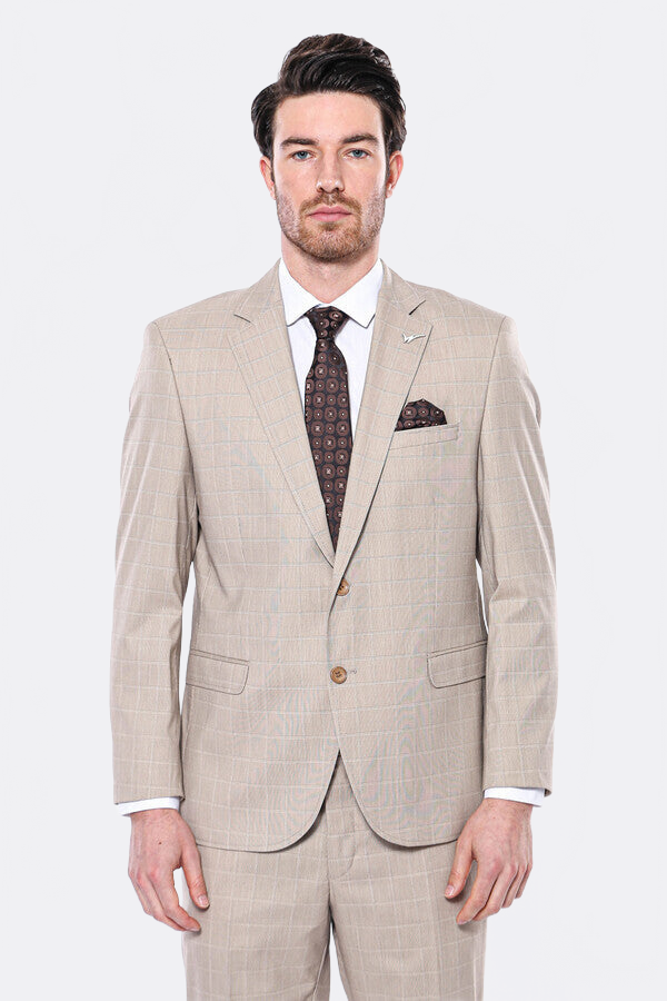 4 Drop Checked Regular Fit Beige Suit - Wessi