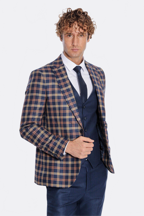 Checked Blazer Slim Fit Navy Blue Men Suit - Wessi