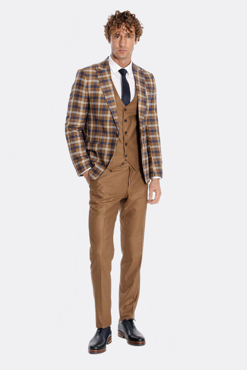 Checked Slim Fit Brown Men Suit  - Wessi